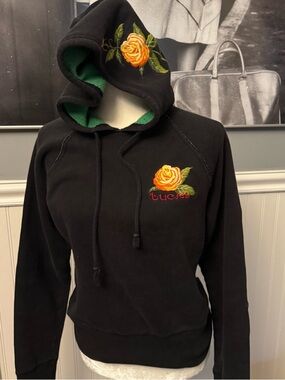 Lucky Brand Black Vintage Hooded Sweatshirt Embroidered Flowers Size Medium